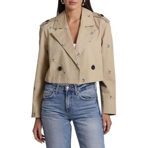 Seven For All Mankind Floral Embroidered Tan Cropped Cotton Trench Coat Size M